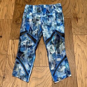 Lululemon Train‎ Times Crop 21 Blue Abstract Mesh Leggings W6LW7S Size 6